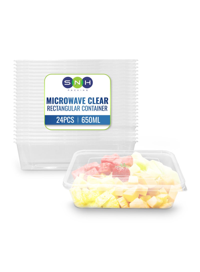 SNH Packing [Pack of 24] Clear Rectangular 650ml Microwave-Safe Food Containers with Lids Transparent Plastic Meal Prep and Food Storage Boxes Reusable Lunch and Takeaway Containers - Image 1